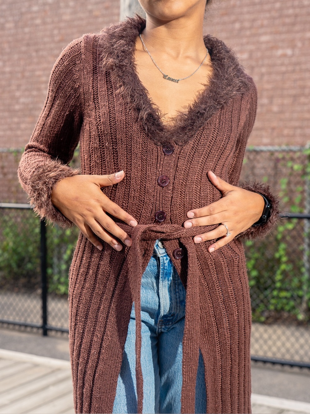 UNIF Chocolate Brown Fuzzy-Trim Knit Belted Cardigan